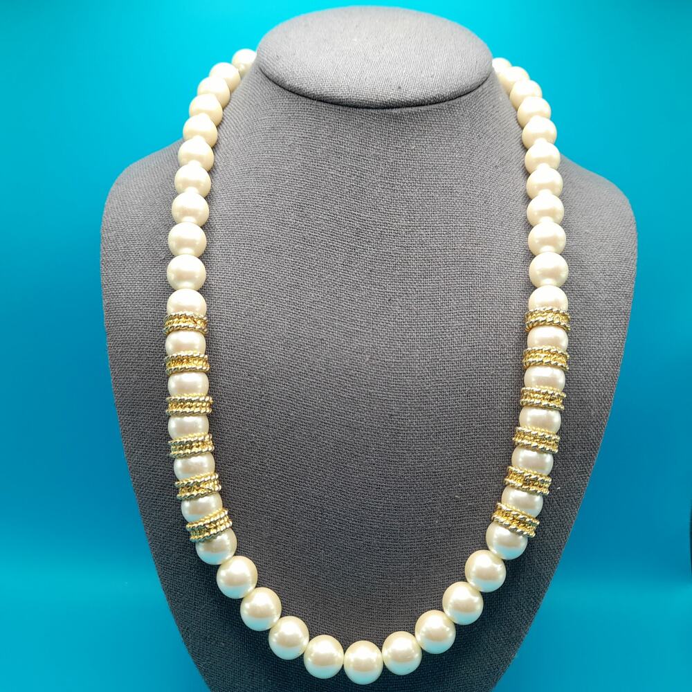 Vintage Glass Pearl Necklace, Gold Tone Accents, 24 Inches - Picture 3 of 10
